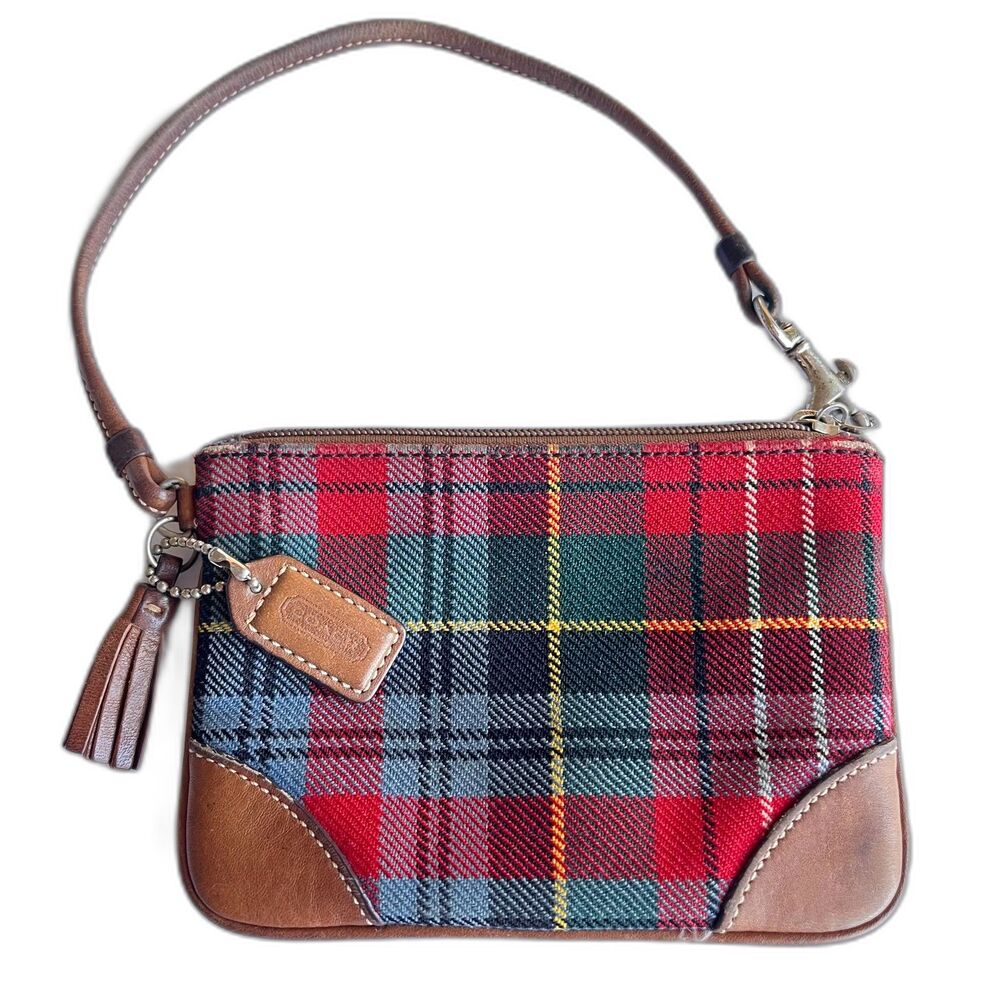 Coach Tartan Wristlet 100% Wool Multi Color Canvas Brown Leather Trim
